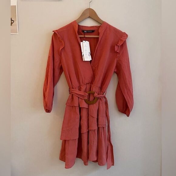 NWOT Zara Ruffled Mini Dress Long Sleeve Peach - Picture 4 of 9